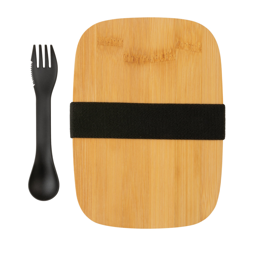 Stainless steel lunchlåda med bambulock och skedgaffel