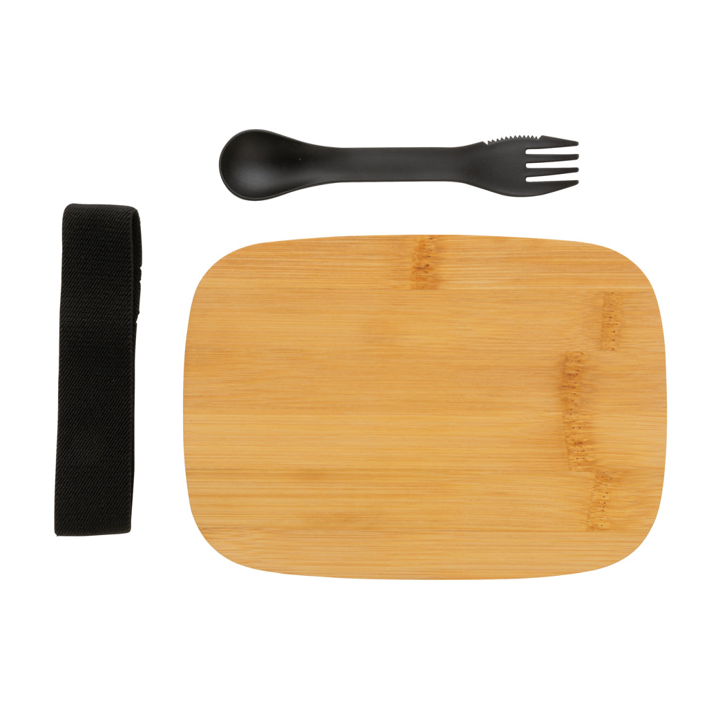 Stainless steel lunchlåda med bambulock och skedgaffel
