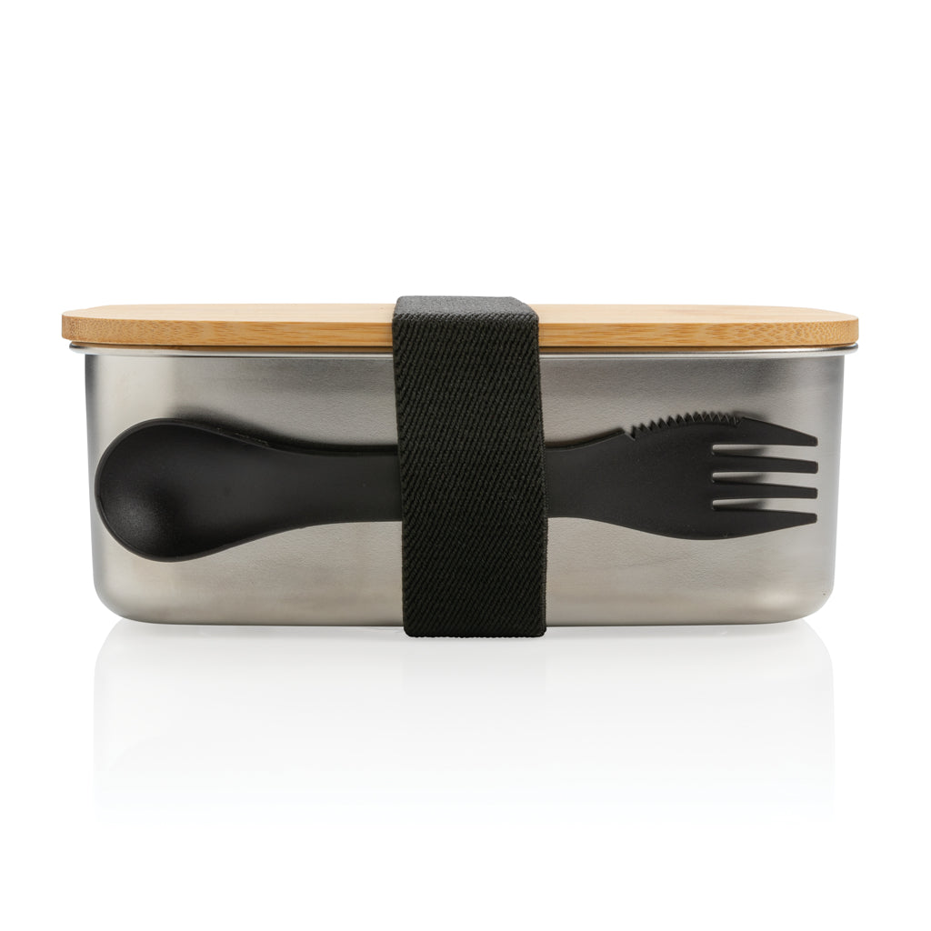 Stainless steel lunchlåda med bambulock och skedgaffel