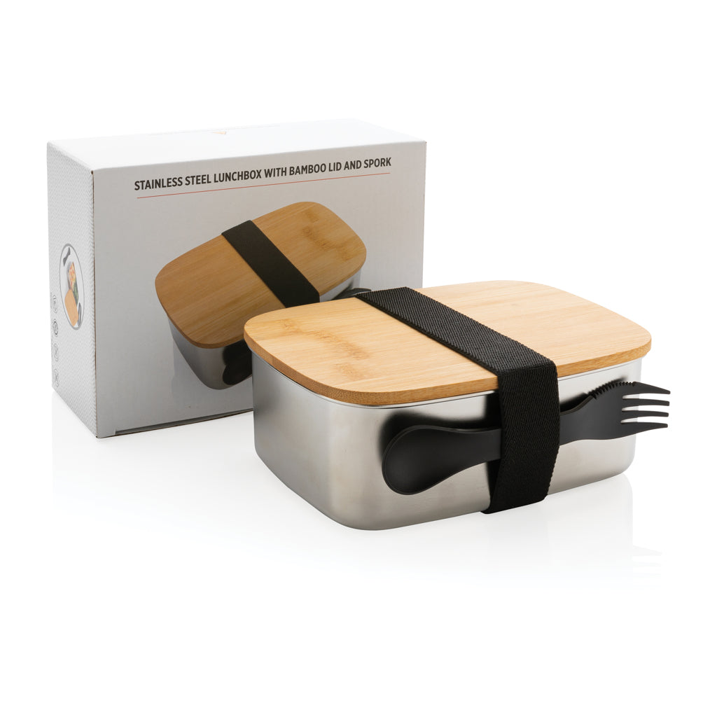 Stainless steel lunchlåda med bambulock och skedgaffel