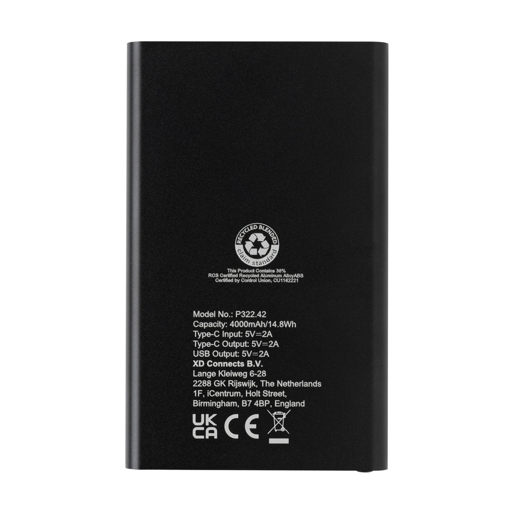 4.000mAh powerbank, type C, RCS återvunnen plast/aluminium