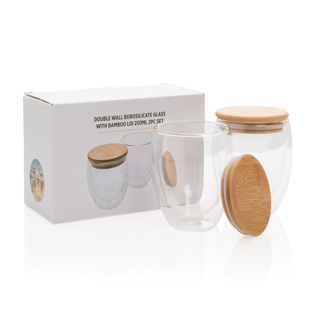 Dubbelväggigt borosilikatglas med bambulock, 250ml, 2-pack