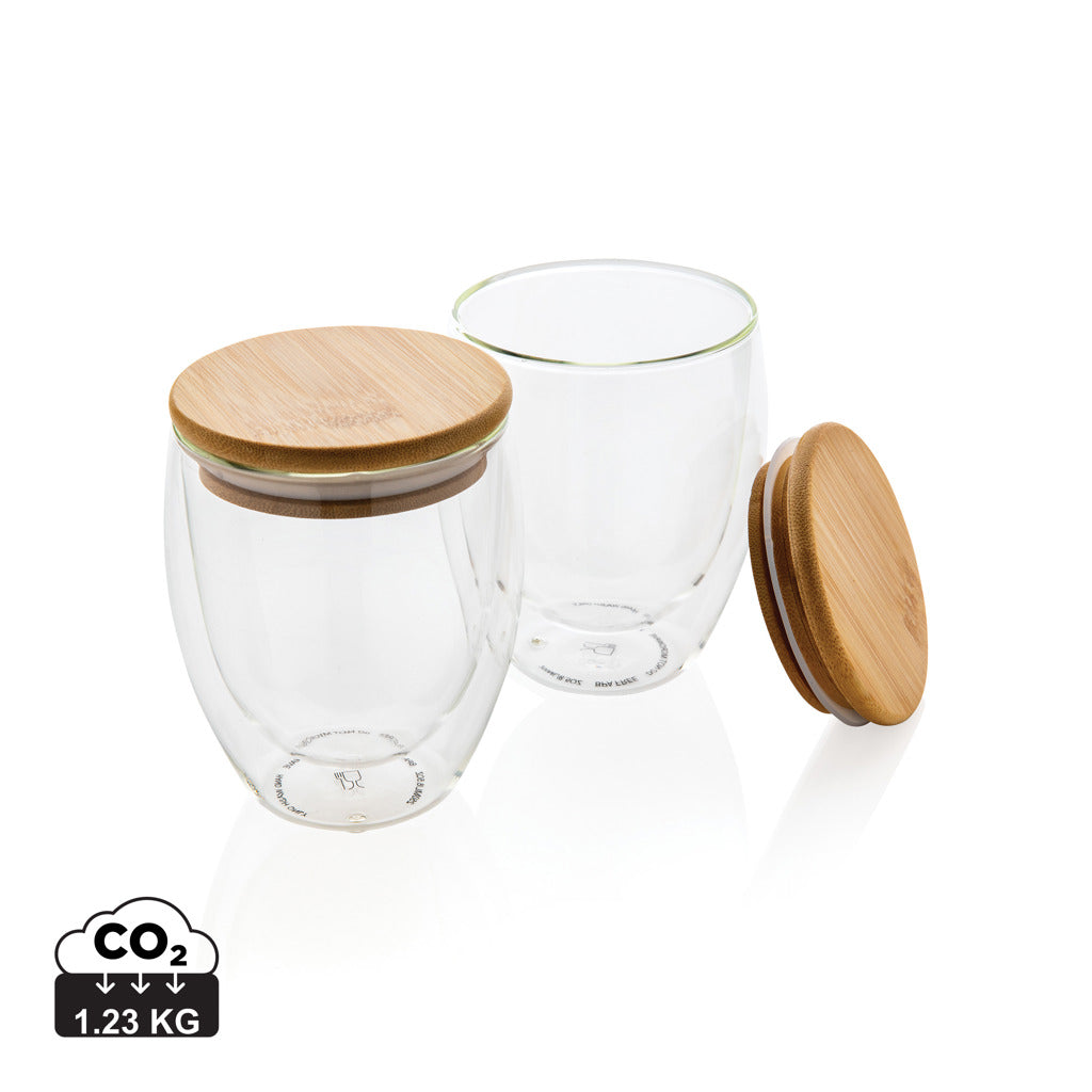 Dubbelväggigt borosilikatglas med bambulock, 250ml, 2-pack