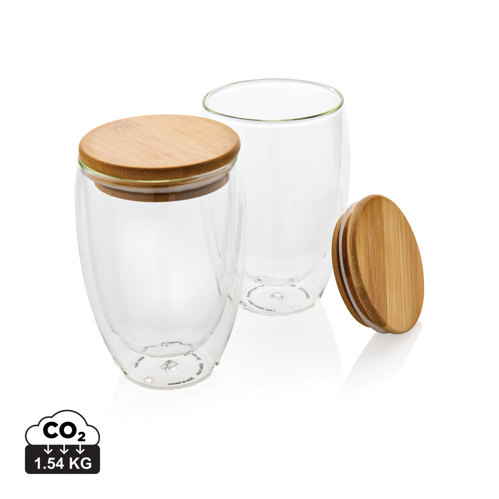 Dubbelväggigt borosilikatglas med bambulock, 350ml, 2-pack