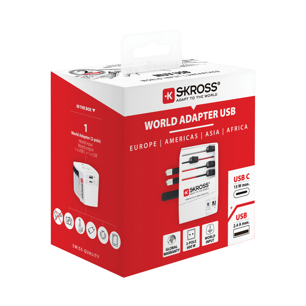 SKROSS World Travel Adapter MUV 2-polig med USB A och C