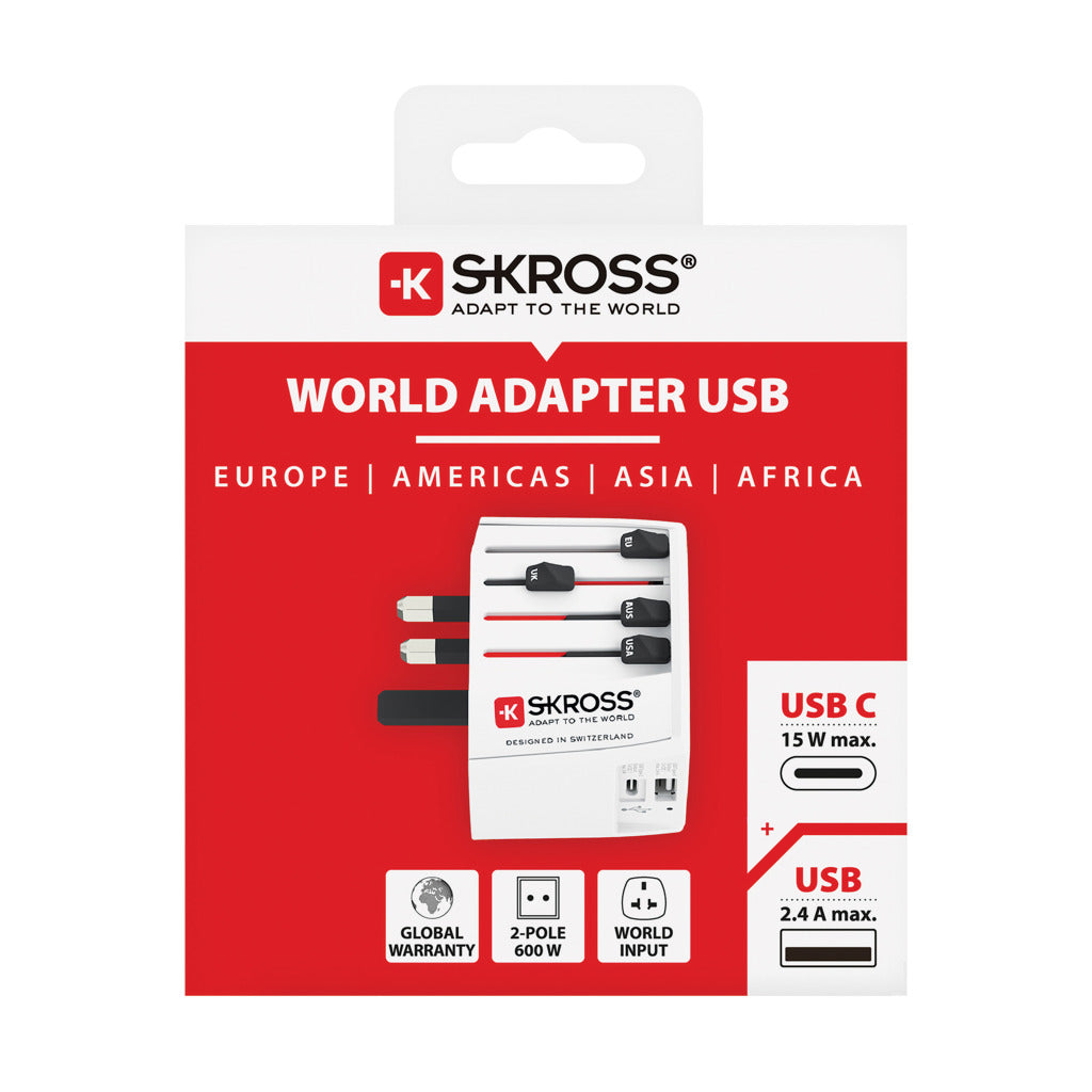SKROSS världsreseadapter MUV 2-polig med USB A och C