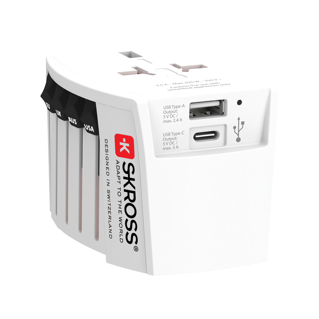 SKROSS World Travel Adapter MUV 2-polig med USB A och C