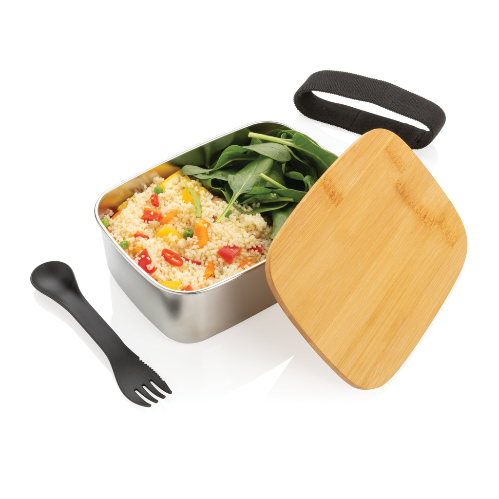 Stainless steel lunchlåda med bambulock och skedgaffel