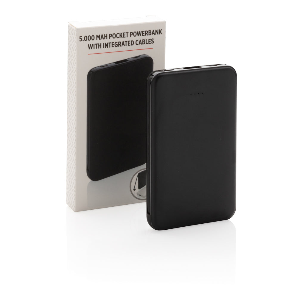 5.000 mAh powerbank i fickformat med integrerade kablar