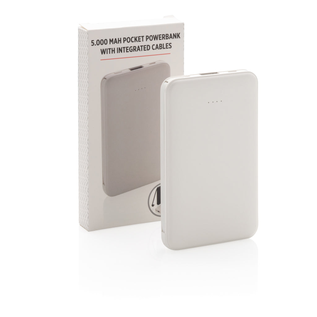 5.000 mAh powerbank i fickformat med integrerade kablar
