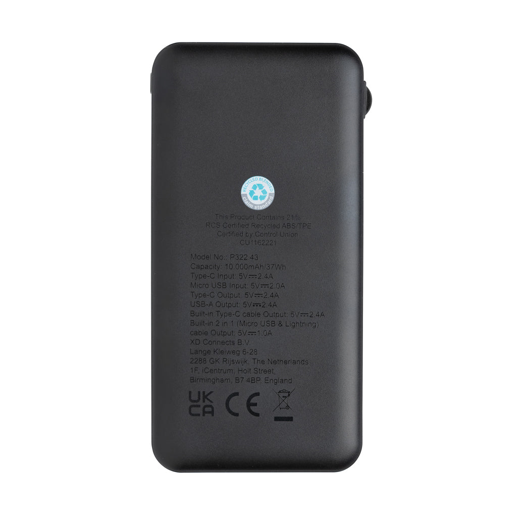 Lockhart 10.000mAh powerbank, integrerade kablar, RCS plast