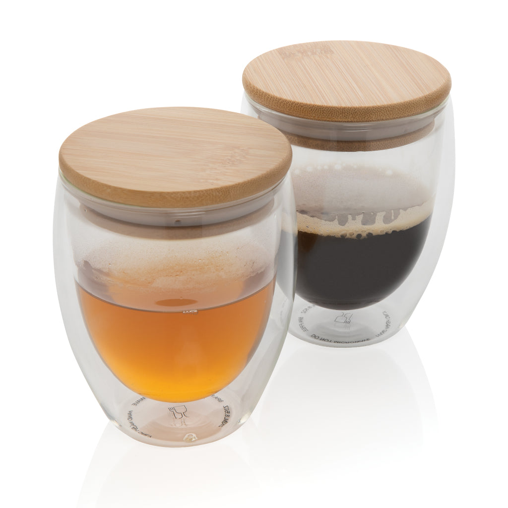 Dubbelväggigt borosilikatglas med bambulock, 250ml, 2-pack