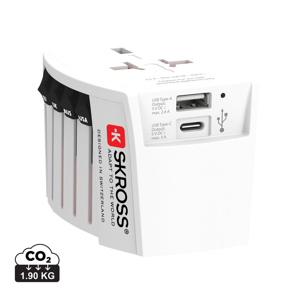 SKROSS världsreseadapter MUV 2-polig med USB A och C